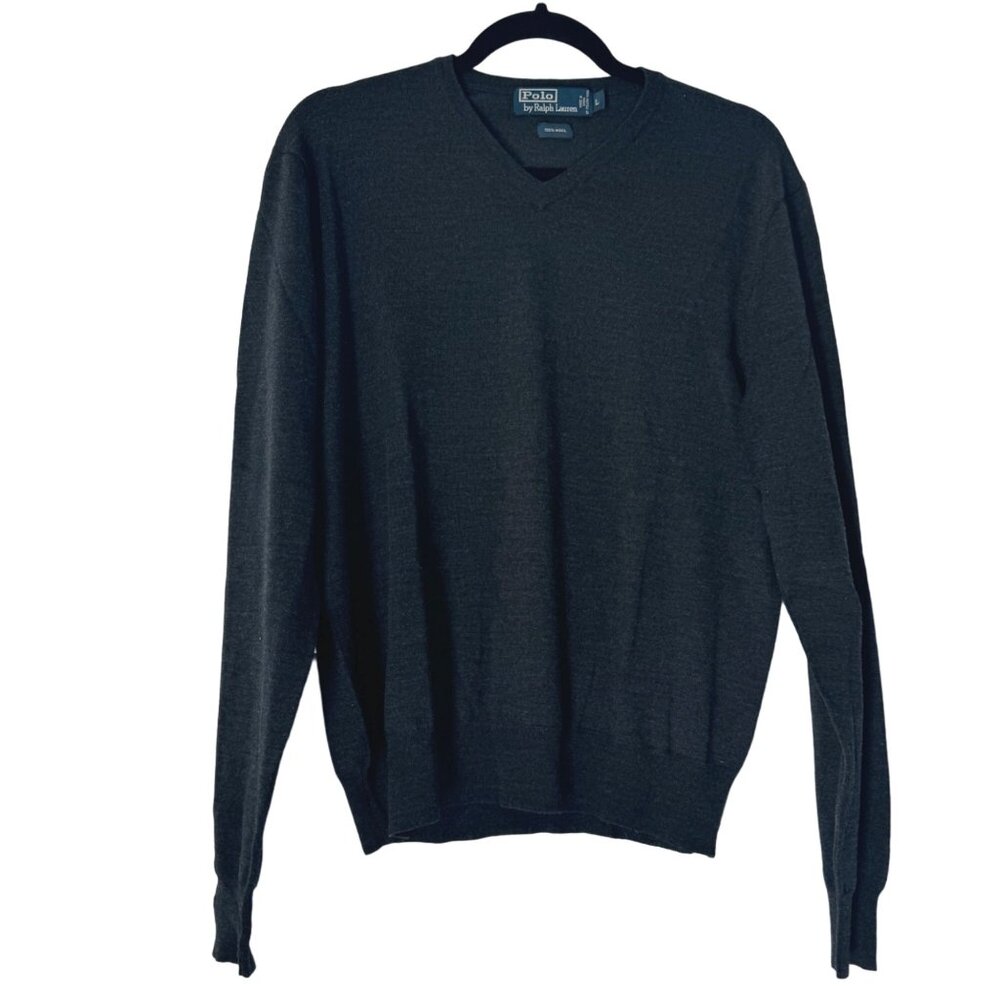 Polo by Ralph Lauren 100% Wool Charcoal Men's V-Neck LS Sweater Top, Size L